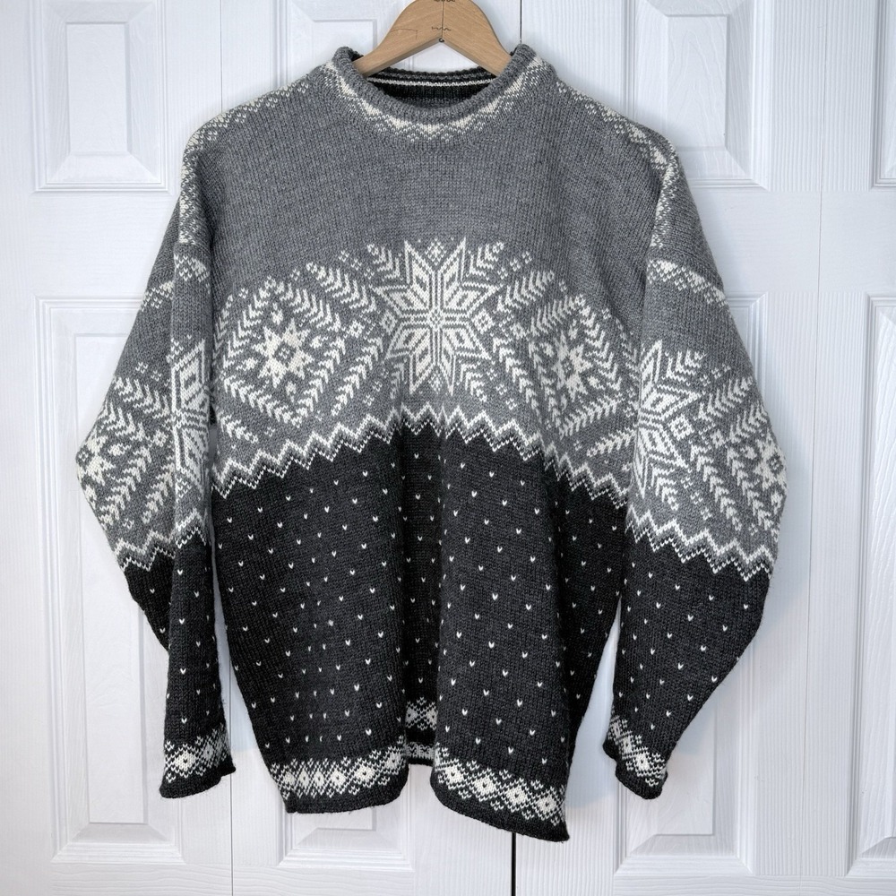 DALE‎ OF NORWAY Gray Wool Snowflakes Knit Ski Sweater Size LARGE